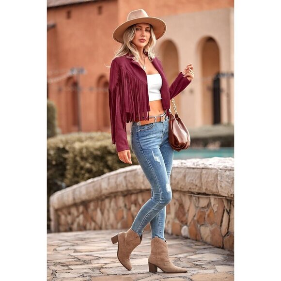 Women's Wine Red Fringe Faux Suede Leather Jacket Tassel Cropped Fal 2025 Coat - Picture 9 of 9